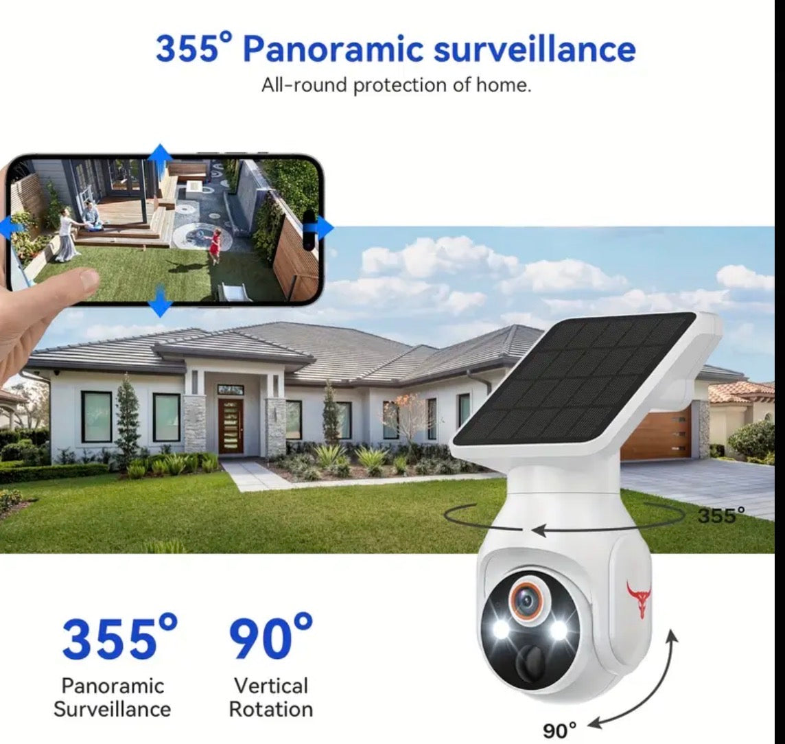 Panoramic Camera with Solar Panel, WiFi Home Camera with Night Vision – 24/7 Wireless Security -Caméra Panoramique avec panneau solaire, Caméra Wifi pour la maison à vision nocturne – Sécurité 24h/24 Sans Fil