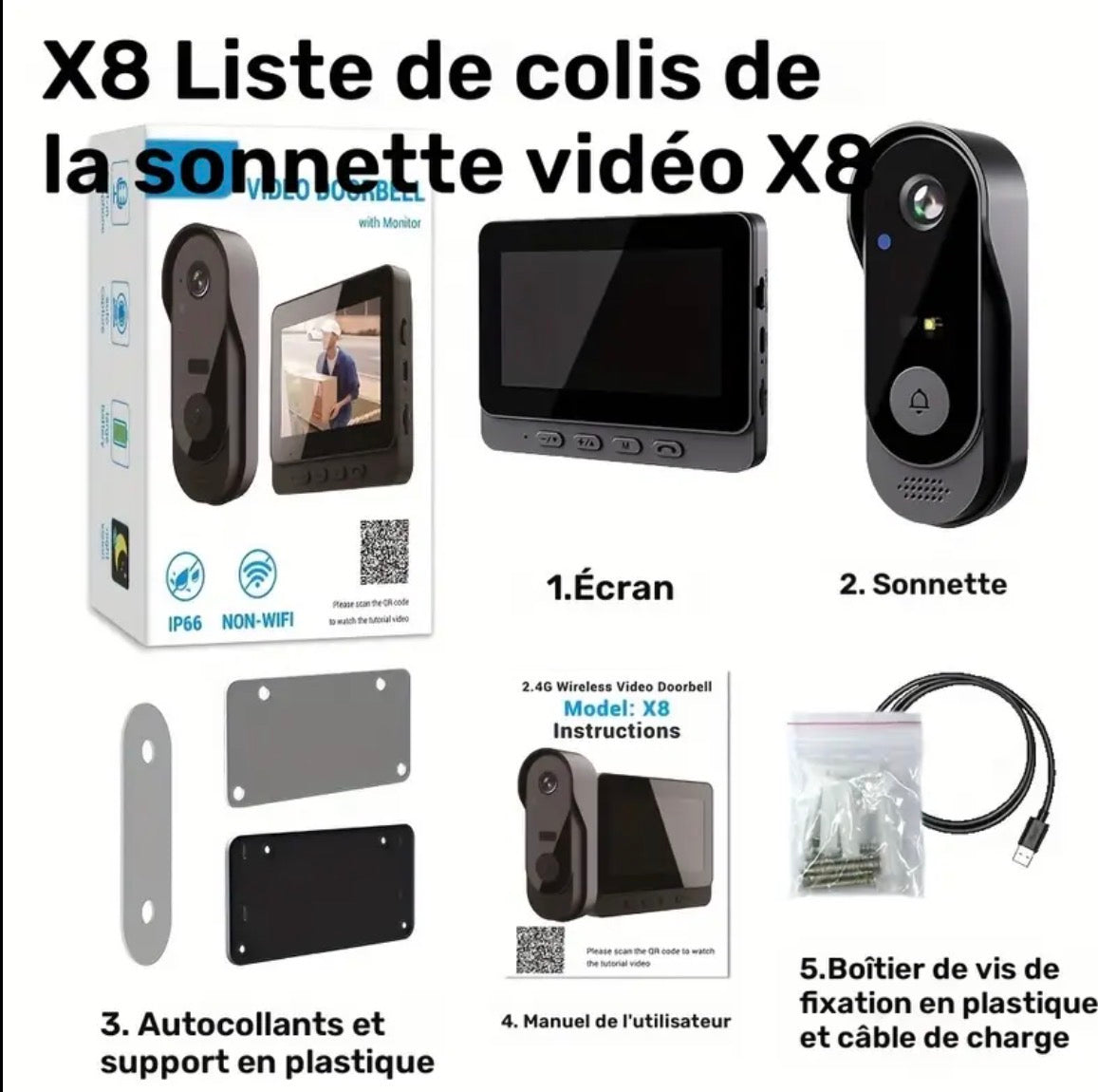 Wireless Outdoor Anti-Theft Video Doorbell Intercom with Display Screen, 2.4G/3G/4G/5G Wireless-Sonnette vidéo sans fil anti-vol extérieur interphone avec écran d'affichage, 2,4G/3G/4G/5G sans fil