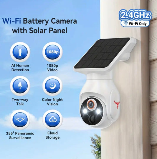 Panoramic Camera with Solar Panel, WiFi Home Camera with Night Vision – 24/7 Wireless Security -Caméra Panoramique avec panneau solaire, Caméra Wifi pour la maison à vision nocturne – Sécurité 24h/24 Sans Fil