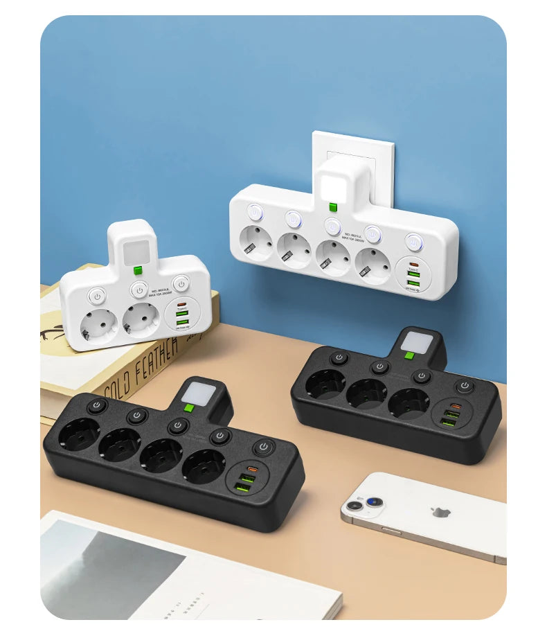EU plug and socket 4 sockets, multi plug wall power plug and socket without extension cable or USB and Type-C port