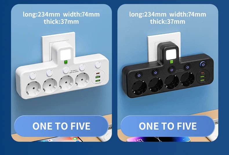 EU plug and socket 4 sockets, multi plug wall power plug and socket without extension cable or USB and Type-C port