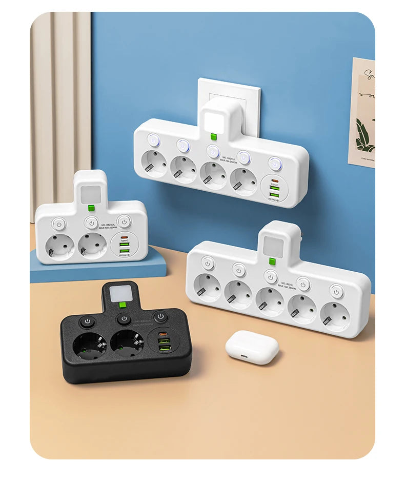 EU plug and socket 4 sockets, multi plug wall power plug and socket without extension cable or USB and Type-C port