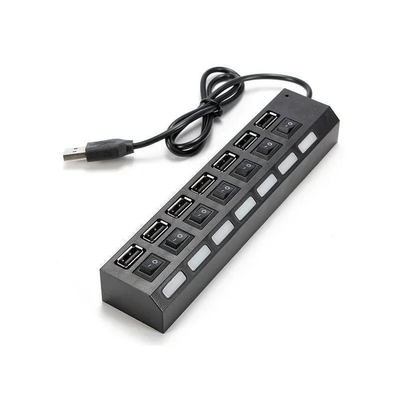 High Speed 7/4 Port LED USB 2.0 Adapter Hub Multi-Port Socket Powered ON/OFF Switch Charger Splitter for Computer U Disk