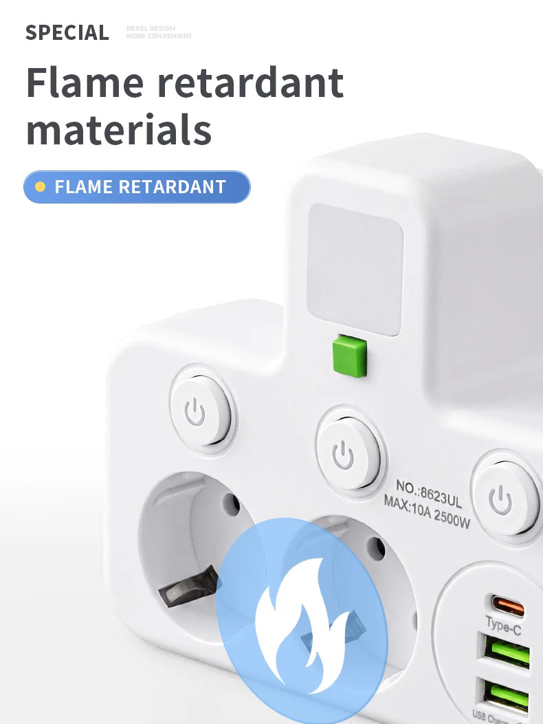 EU plug and socket 4 sockets, multi plug wall power plug and socket without extension cable or USB and Type-C port